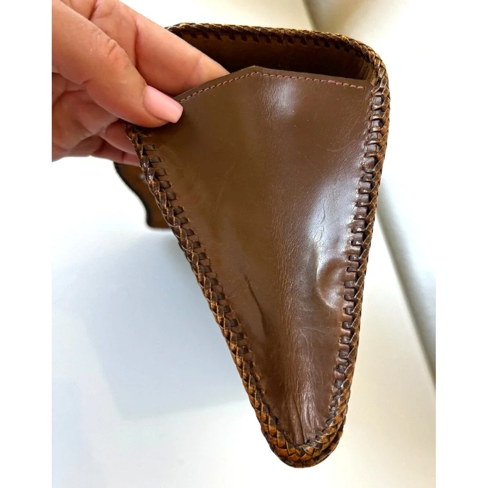Vintage 1920s Leather Clutch Hand Tool Double Side Whipstitch Snap Floral Folds